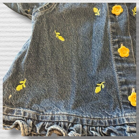 Vintage Y2K Old Navy Baby 12M Denim Jacket Embroidered Yellow Floral Ruffle Hem - Picture 2 of 7